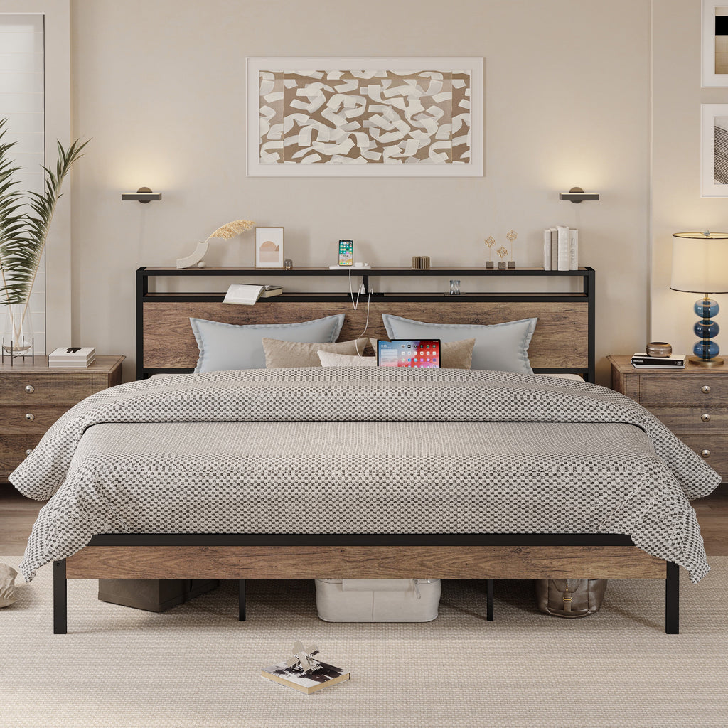 Queen Platform Bed Frame with Storage Headboard and Charging Station H47689