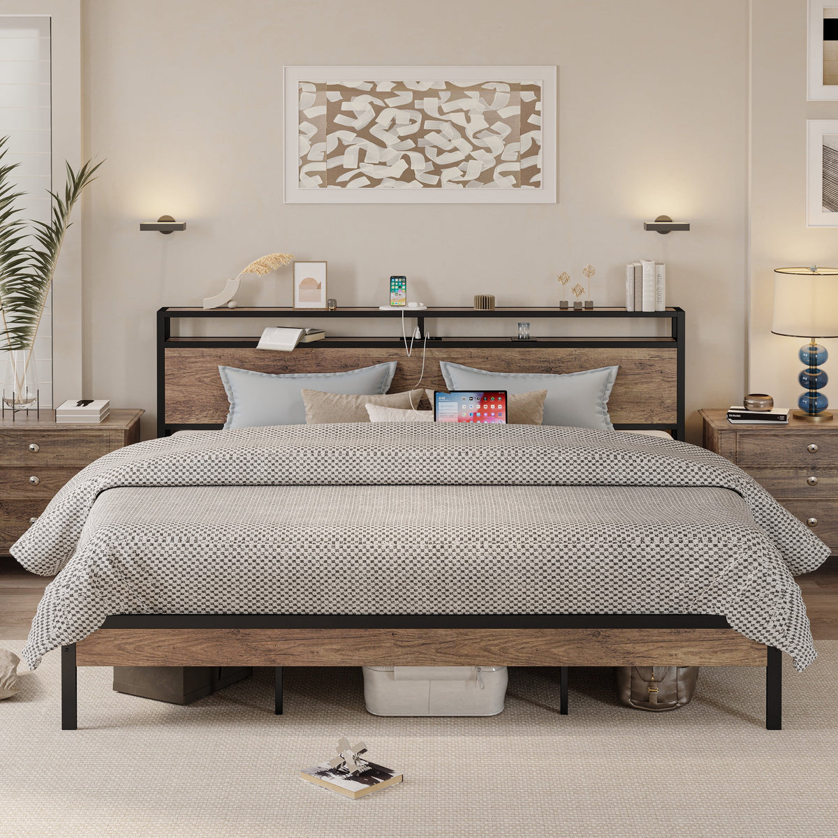 Queen Platform Bed Frame with Storage Headboard and Charging Station H47689