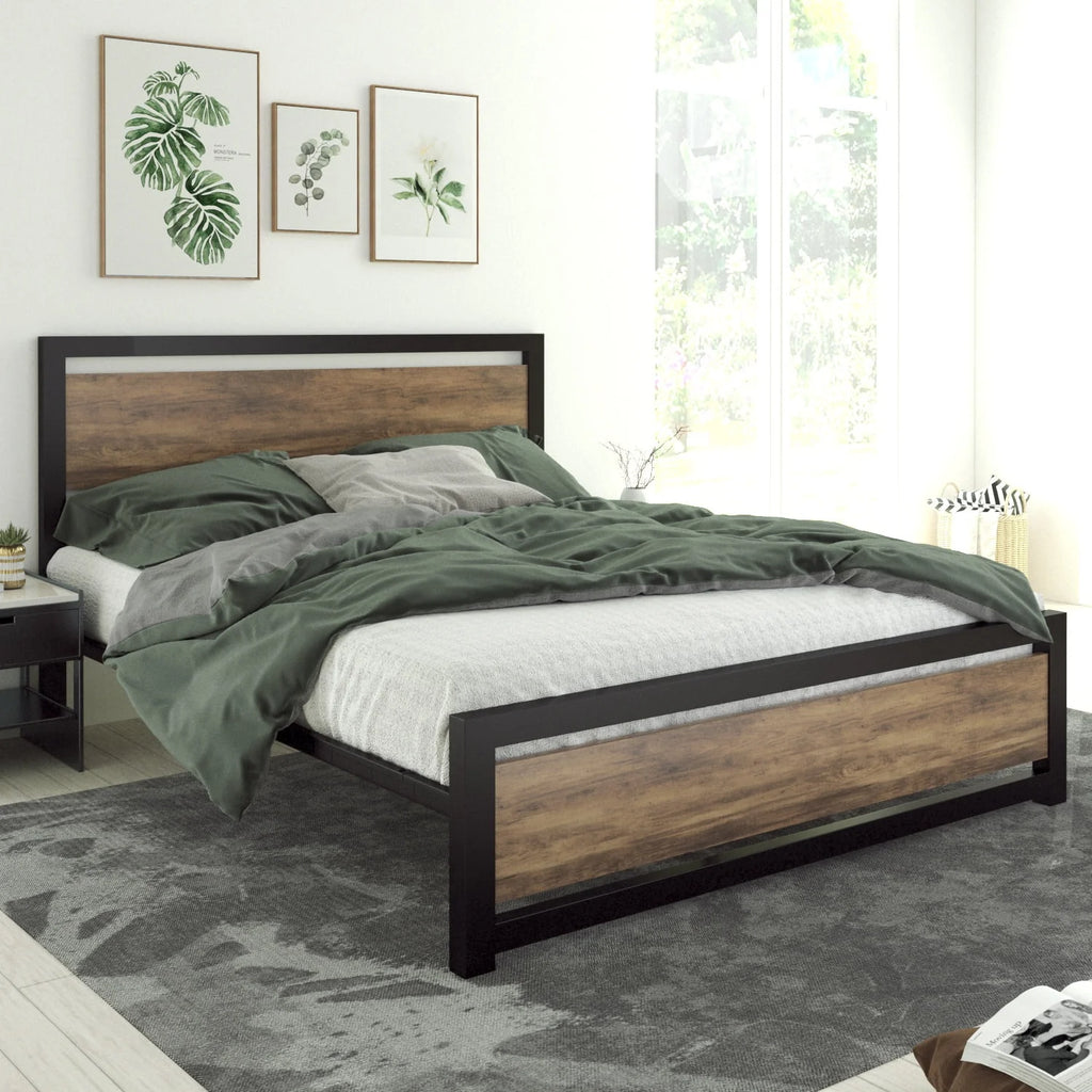 Queen Size Metal Platform Bed Frame with Wooden Headboard & Footboard N91205