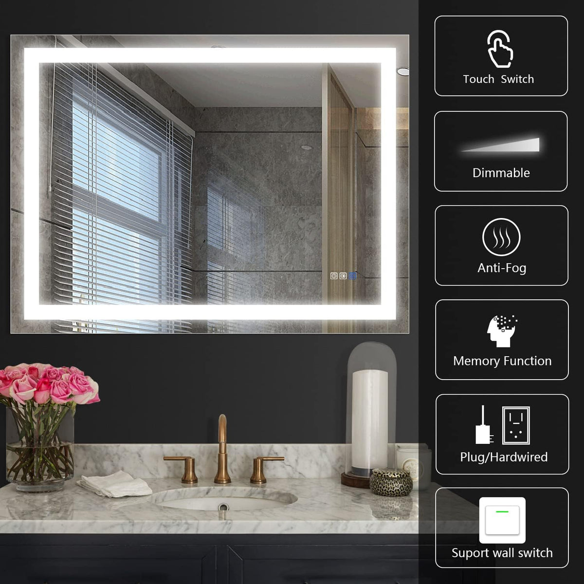 40×24 Inch LED Anti-Fog Dimmable Bathroom Mirror S4890