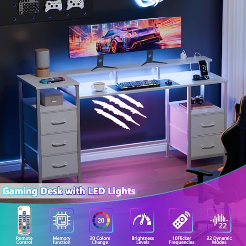 55 Inch White Gaming Desk with Power Outlets and LED Lights E326