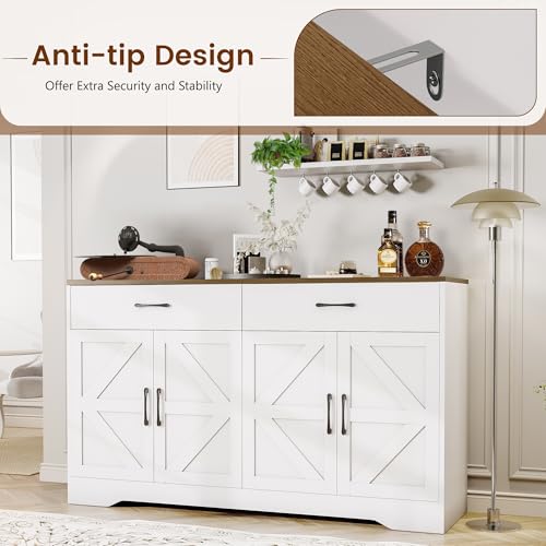 White 55" Wood Sideboard Buffet Cabinet with Drawers and Doors Y850291