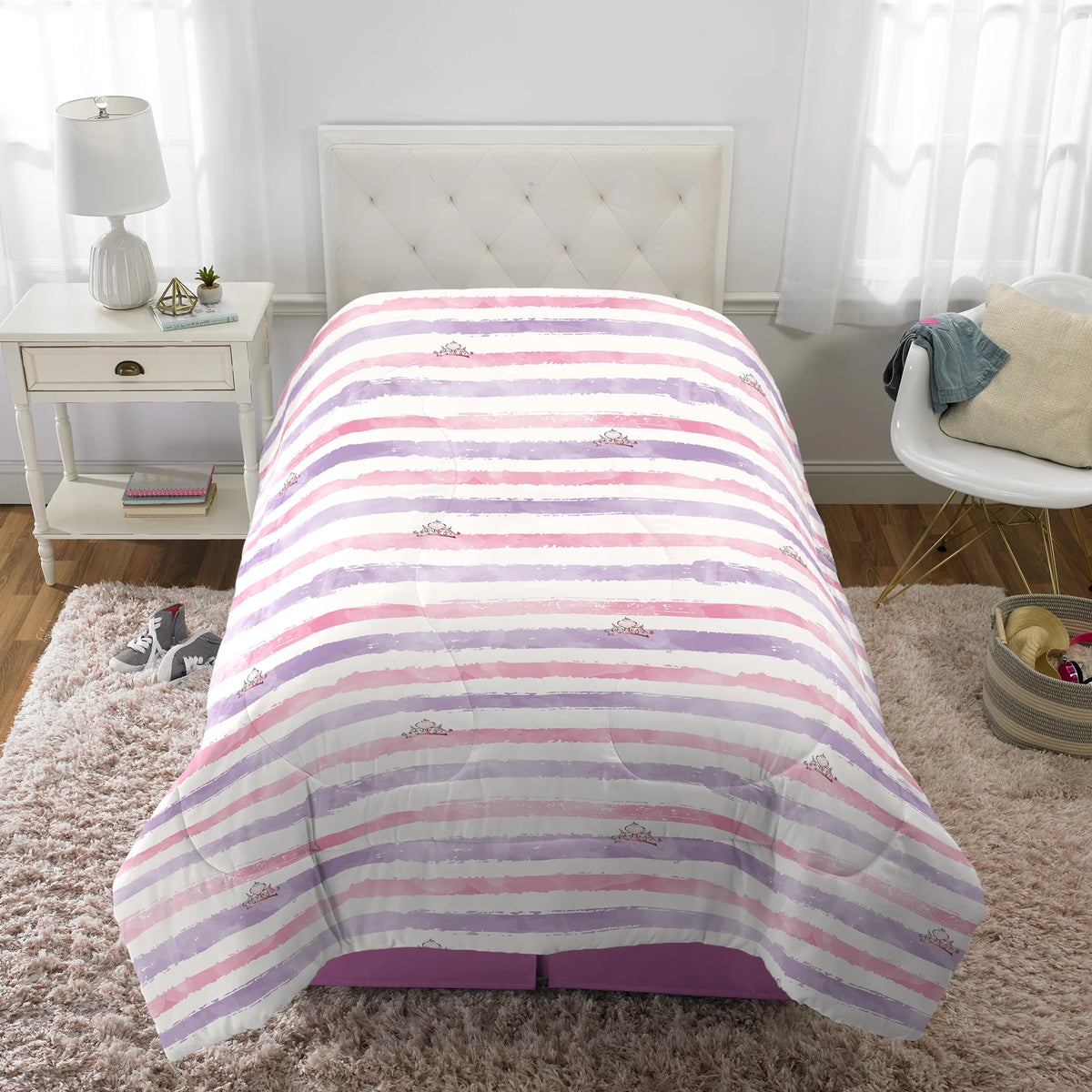 Pink and White Reversible Kids Comforter and Sham Set I289