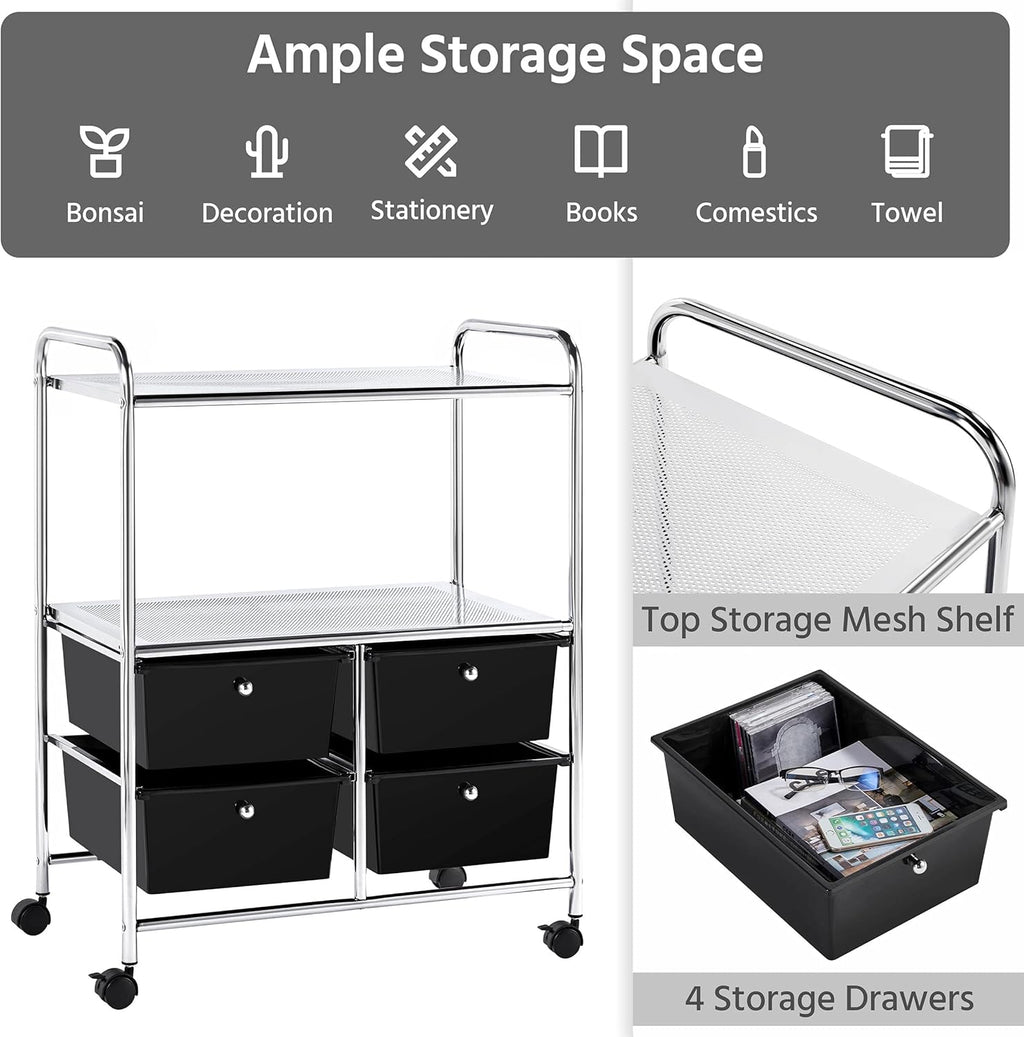 Rolling Storage Cart with 4 Drawers 2 Shelves Black L28706