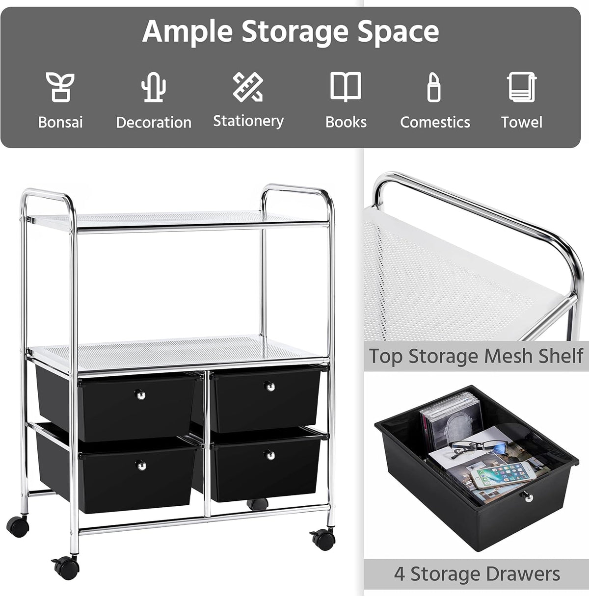 Rolling Storage Cart with 4 Drawers 2 Shelves Black L28706