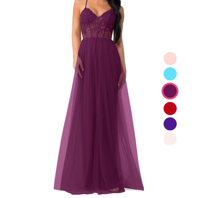 Raspberry Floor-Length Tulle Bridesmaid Dresses D8357