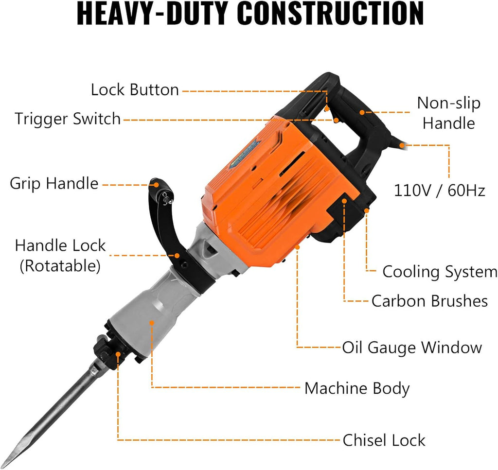 2200W Electric Demolition Hammer Concrete Breaker with Flat Chisel Bull Point Chisel N168