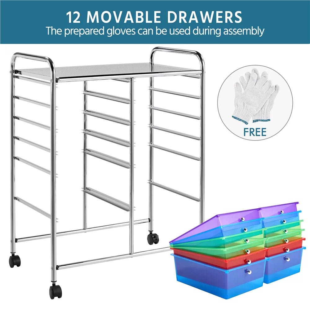 12 Drawer Rolling Storage Cart with Castors, Black B5655