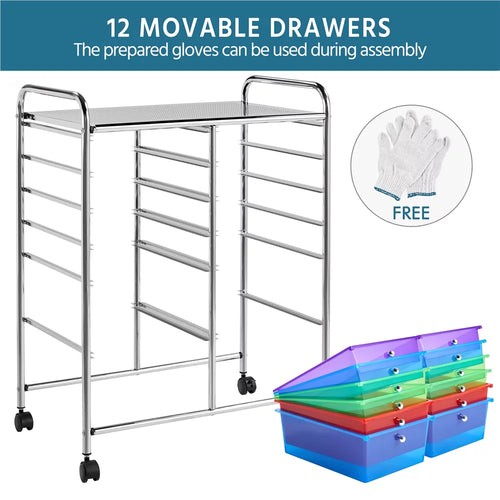 12 Drawer Rolling Storage Cart with Castors, Black B5655
