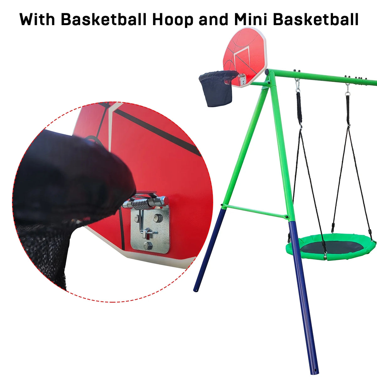 Swing Set with 32in Saucer Swing, EVA Swing Seat, Kids Basketball Hoop, Soccer Net, 440lbs Heavy Duty Anti-Rust Steel A-Frame F59322
