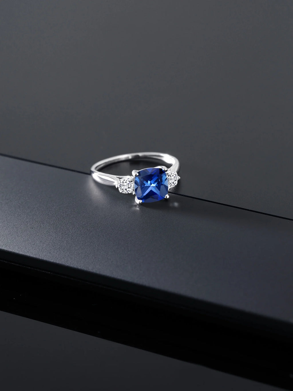 10K White Gold Blue Created Sapphire White Moissanite 3 Stone Engagement Ring H480346