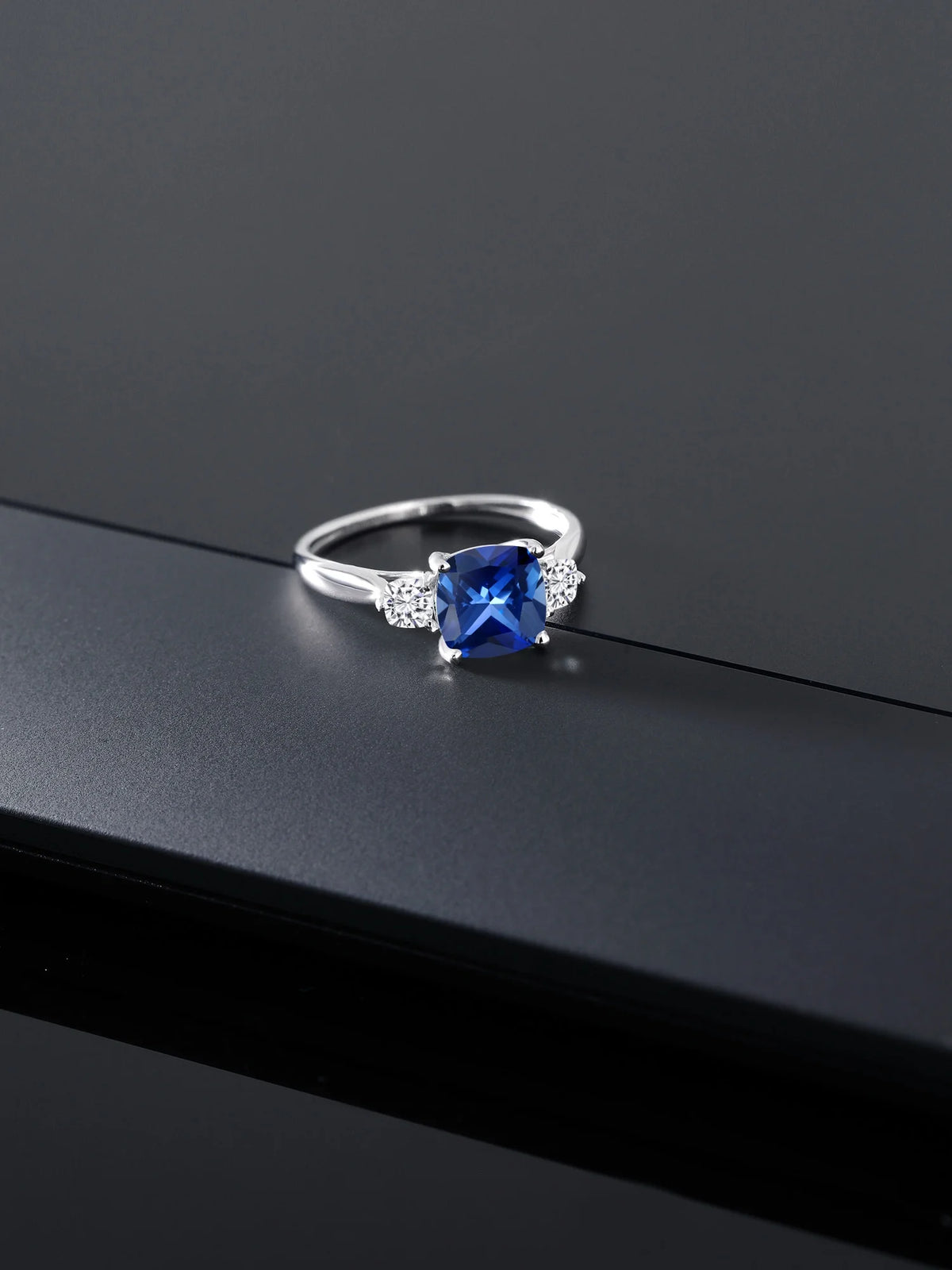 10K White Gold Blue Created Sapphire White Moissanite 3 Stone Engagement Ring H480346