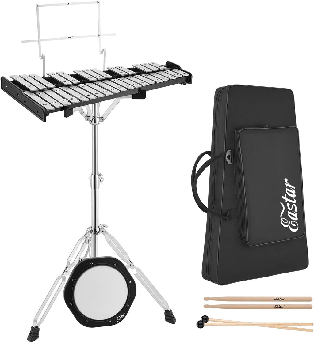32 Note Glockenspiel Xylophone Bell Kit with 8 Inch Drum Practice Pad, Stand, Carrying Bag W39155