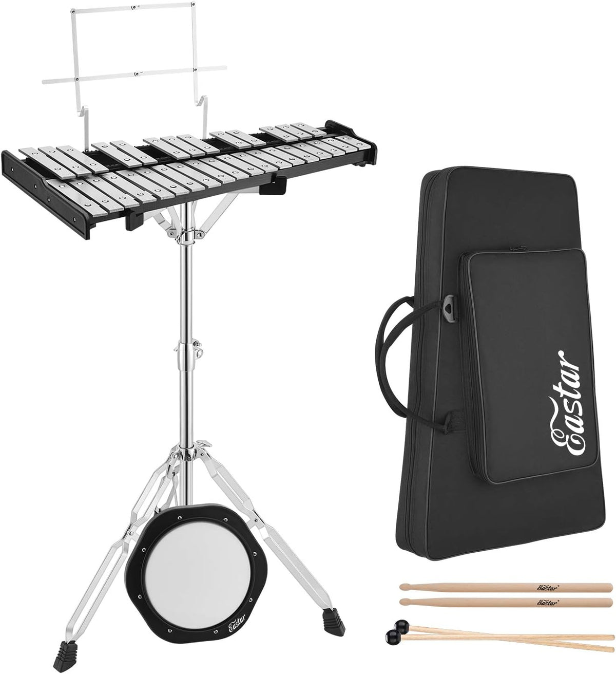 32 Note Glockenspiel Xylophone Bell Kit with 8 Inch Drum Practice Pad, Stand, Carrying Bag W39155