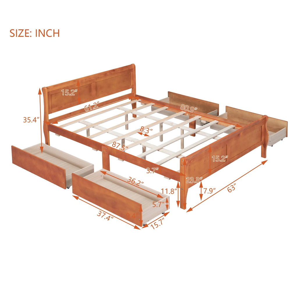 Queen Size Wood Platform Bed Frame with 4 Storage Drawers W961057