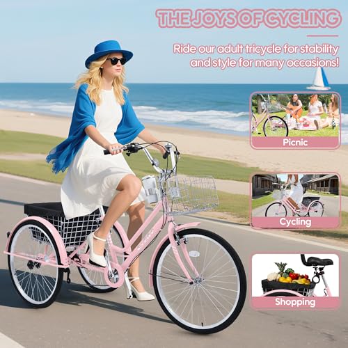 26 Inch 7 Speed Adult Tricycle with Backrest and Baskets T579