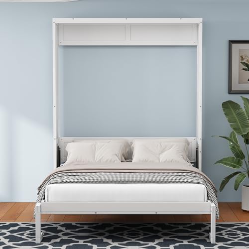Queen Murphy Bed with 2 Side Cabinet Storage Shelf, Metal Frame, Brown J6424