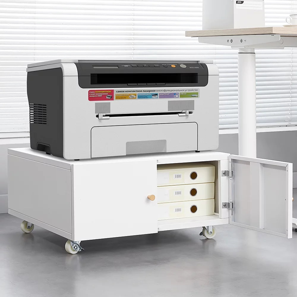 White Printer Stand with Storage Cabinet and Wheels I310