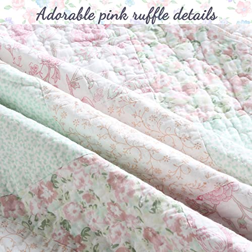 3-Piece Soft Pink Peach Green Cotton Reversible Queen Quilt Bedding Set J587746