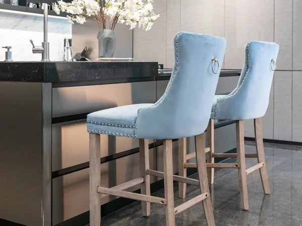 Velvet Bar Stools Set of 2, 27" Seat Height, Tufted Back, Wood Frame, Light Blue F7491