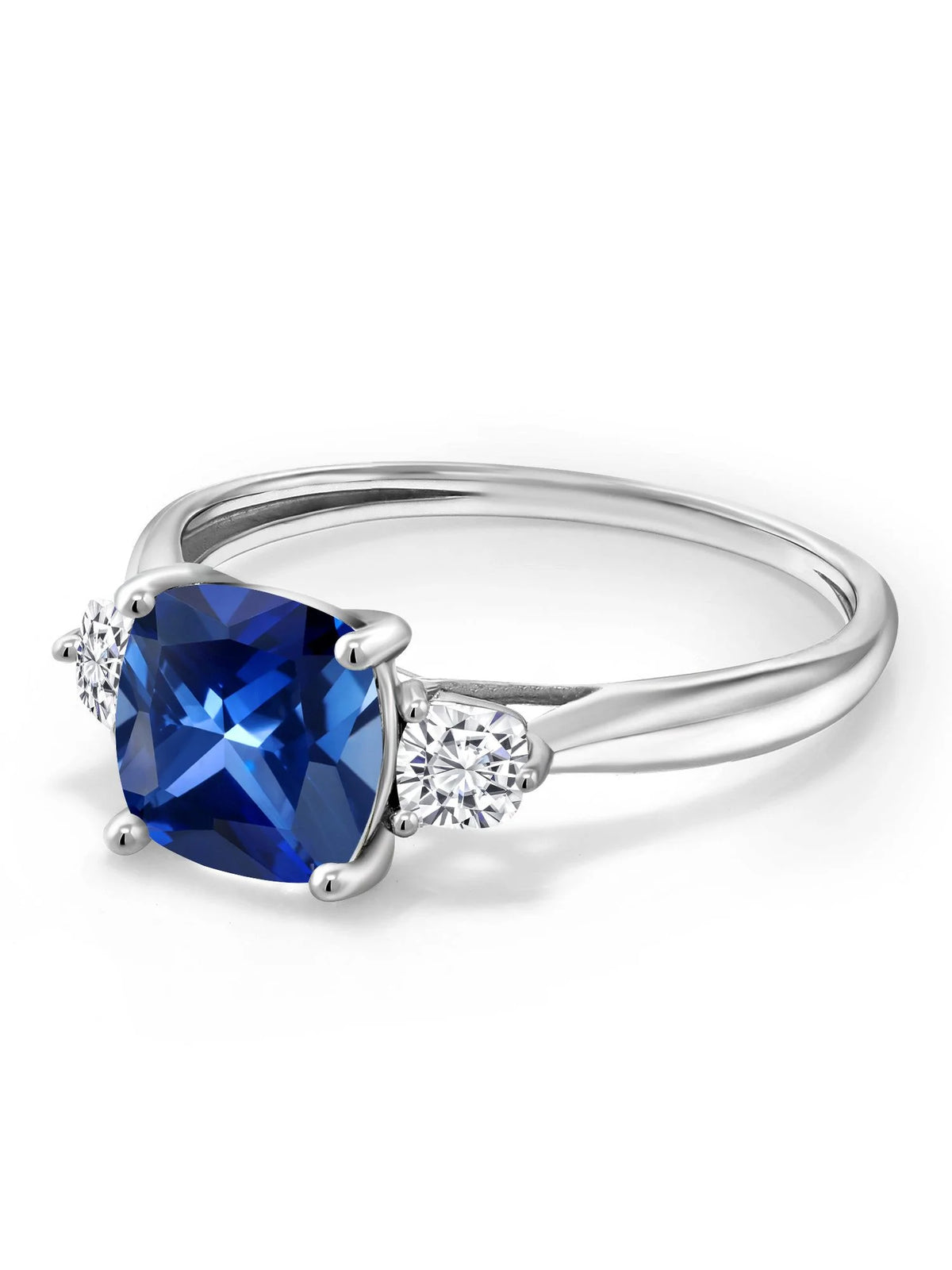 10K White Gold Blue Created Sapphire White Moissanite 3 Stone Engagement Ring H480346