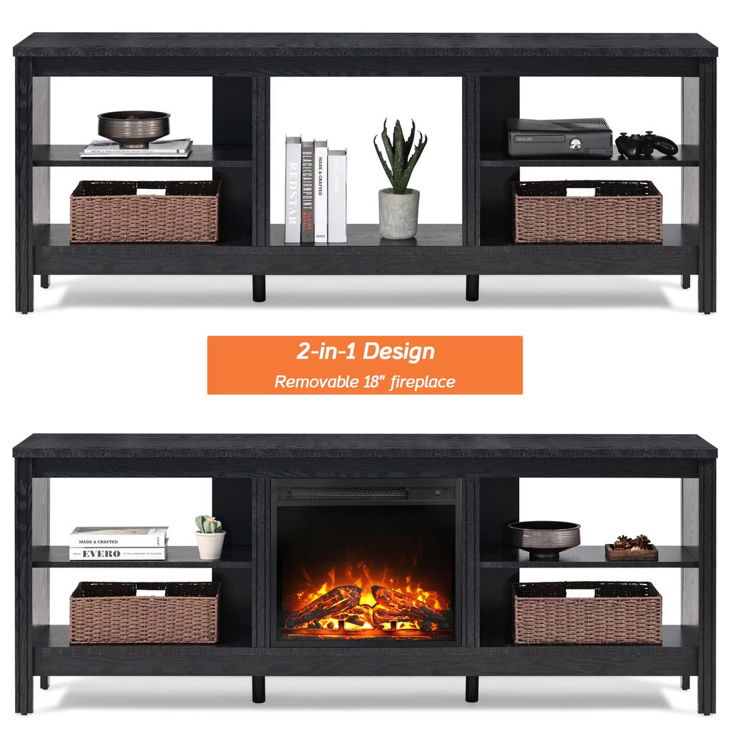 Black 70 inch Wood Fireplace TV Stand with 4 Storage J830927
