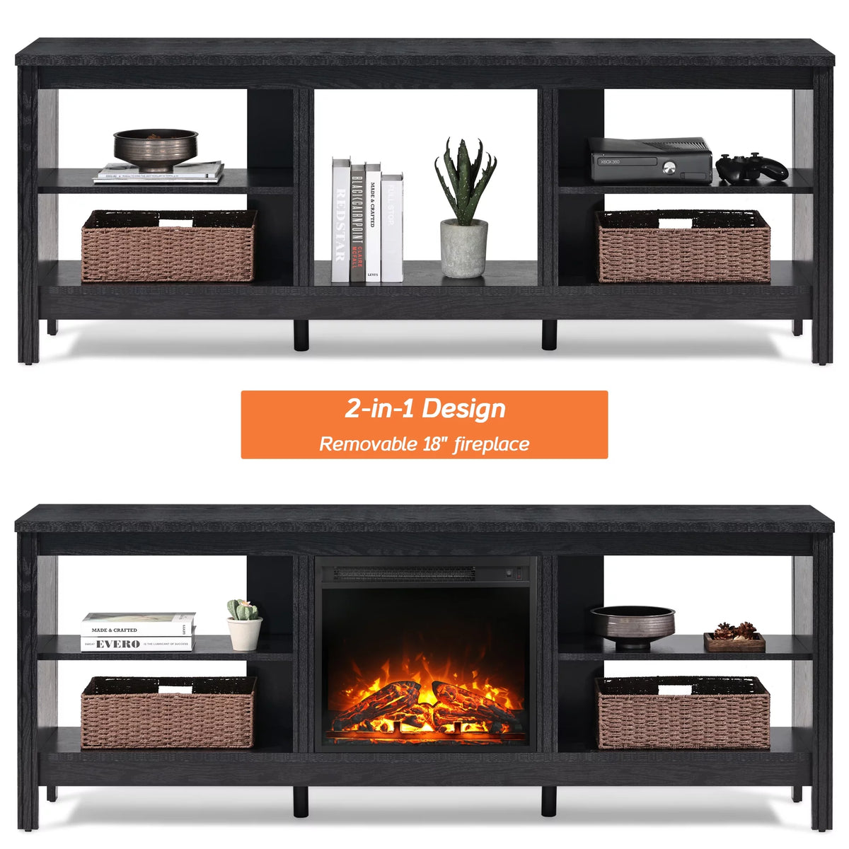 Black 70 inch Wood Fireplace TV Stand with 4 Storage J830927