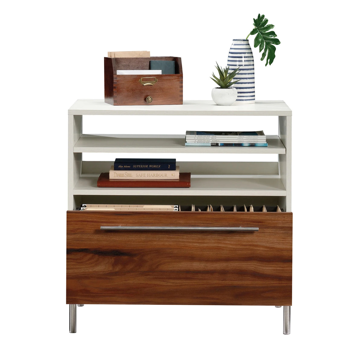 Pearl Oak Finish Lateral File Cabinet with Open Storage U23173