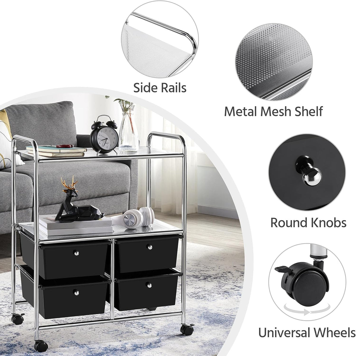 Rolling Storage Cart with 4 Drawers 2 Shelves Black L28706