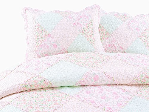 3-Piece Soft Pink Peach Green Cotton Reversible Queen Quilt Bedding Set J587746