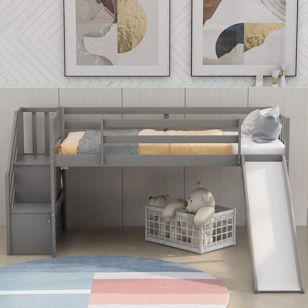 Twin Loft Beds with Slide and Staircase U431