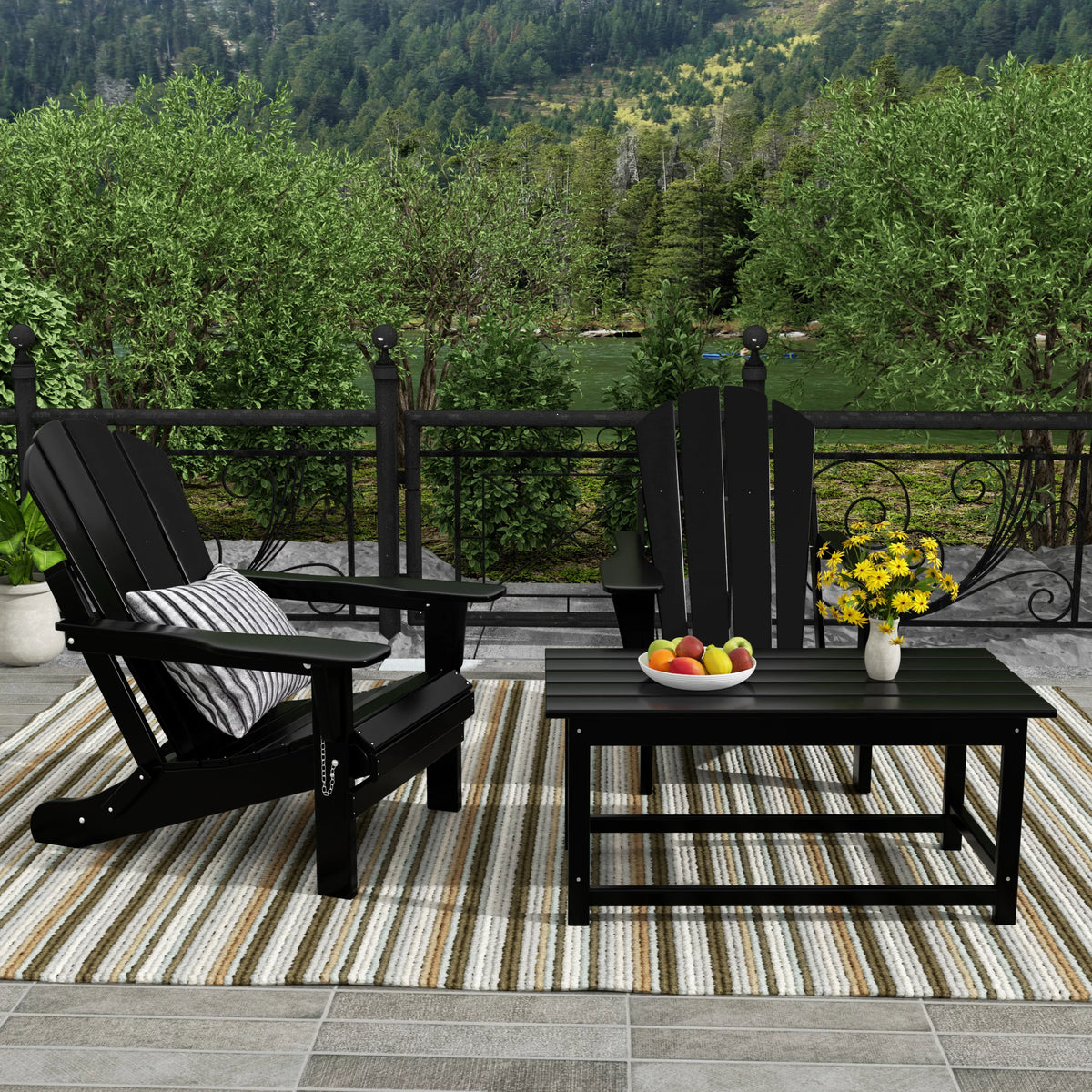 Black 3-Pieces Outdoor Patio Furniture Set Plastic Adirondack Chair Set of 2 with Coffee Table W8349