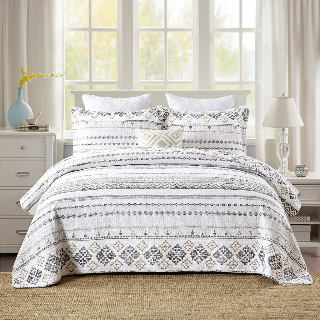 100% Cotton King Size Quilt Set White Charcoal Geometric Striped 3-Piece A876
