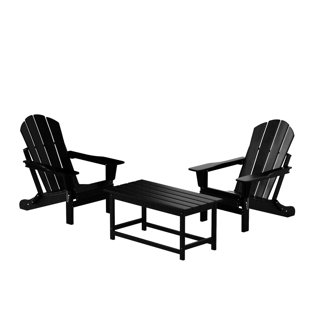 Black 3-Pieces Outdoor Patio Furniture Set Plastic Adirondack Chair Set of 2 with Coffee Table W8349