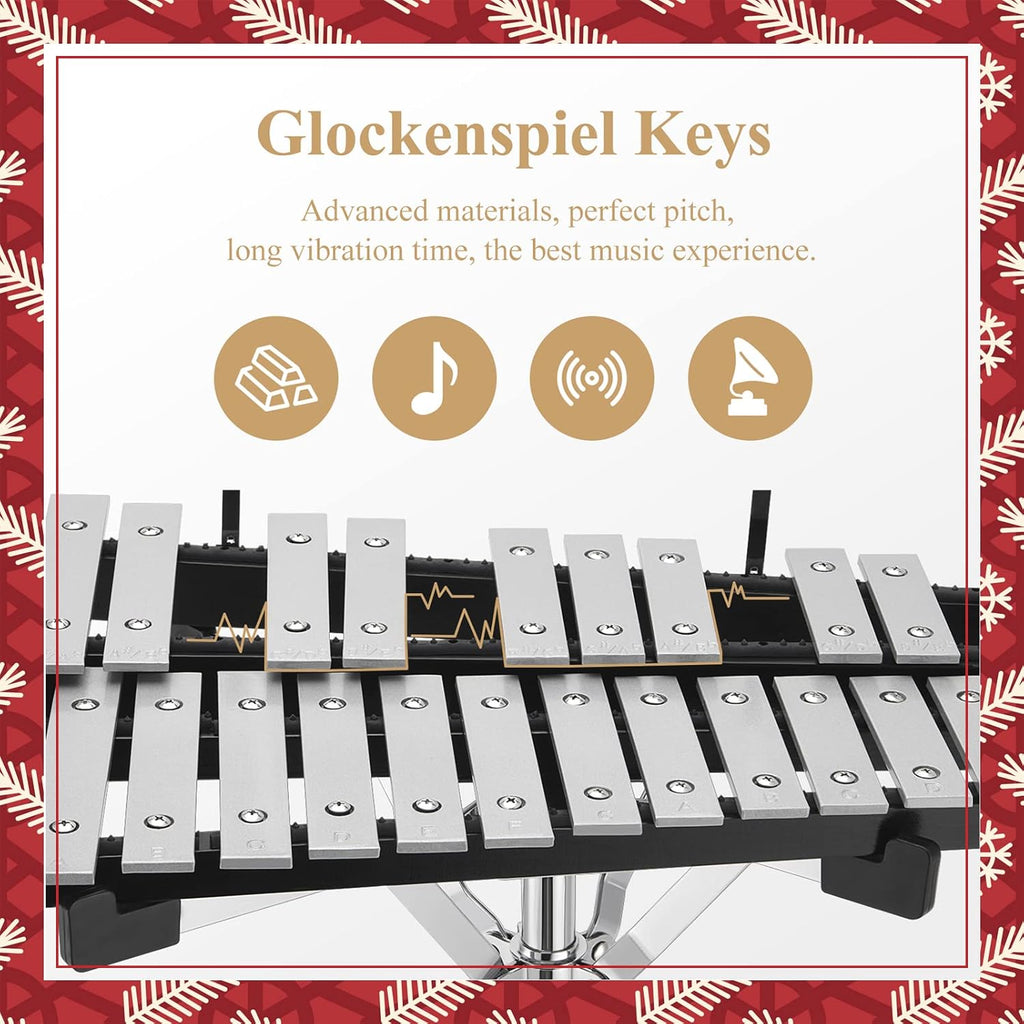32 Note Glockenspiel Xylophone Bell Kit with 8 Inch Drum Practice Pad, Stand, Carrying Bag W39155