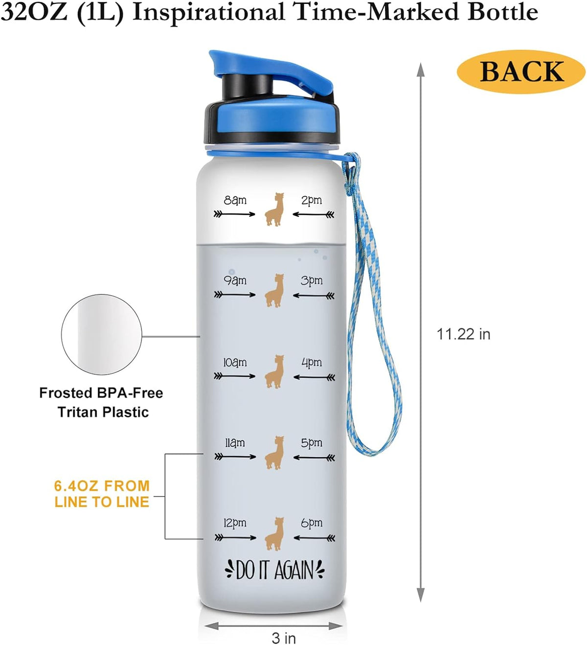 32oz Motivational Tracking Water Bottle with Times to Drink O69438