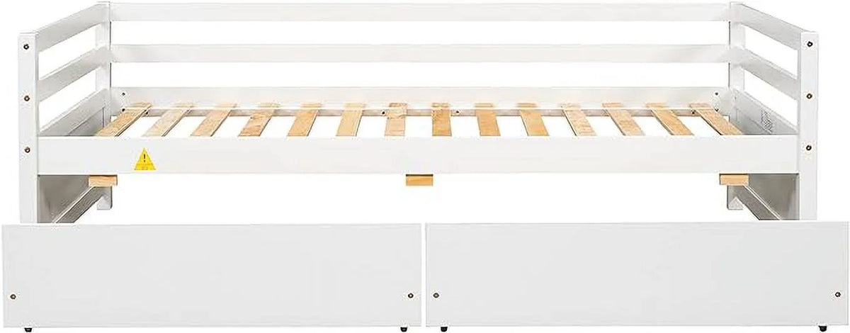 Twin Upholstered Daybed with Storage, Linen Button-Tufted, Double Drawers, Wood Slats, Beige Z196