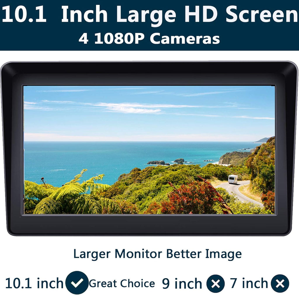 128GB 10.1 Audio Monitor Backup Camera Built-in DVR Dash Cam 1080P HD 4 Split Screen IP69 Waterproof L14451