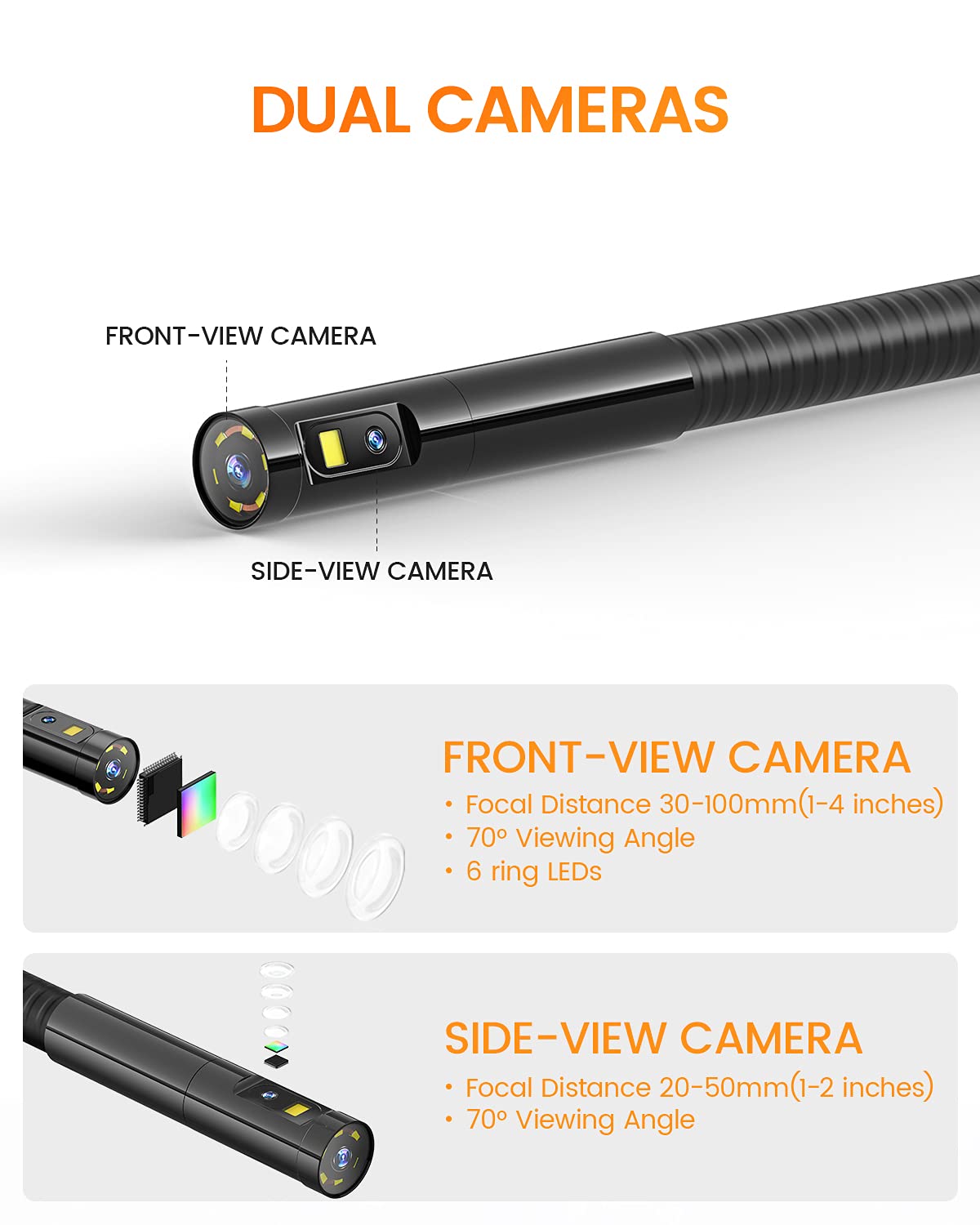 5 inches IPS Dual Lens Borescope Camera with 8mm 10ft Cable B438