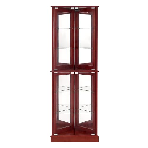 72" Tall Corner Cabinet with LED Light, Glass Doors, Adjustable Shelves, Mirrored Back Panel, Curved Wood J745852