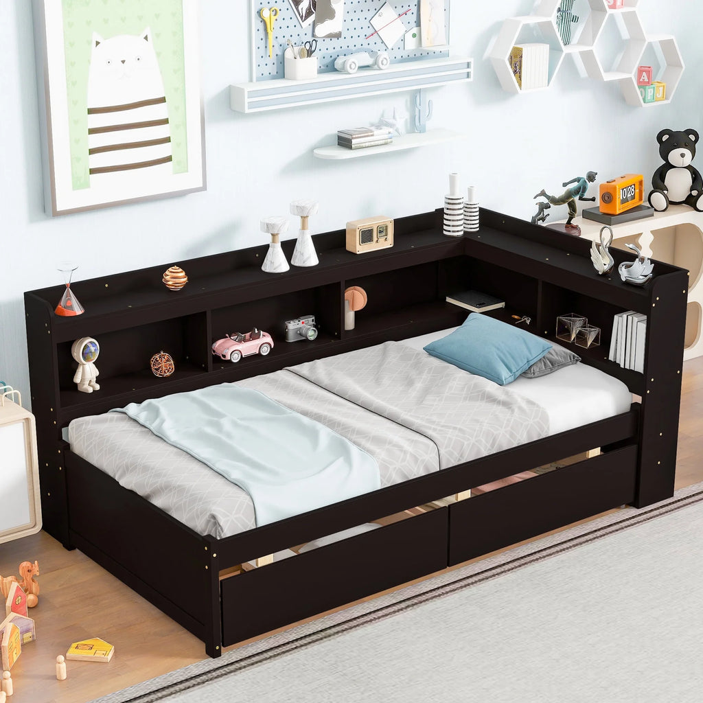 Twin Upholstered Daybed with Storage, Linen Button-Tufted, Double Drawers, Wood Slats, Beige Z196