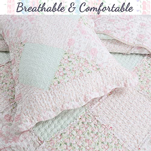 3-Piece Soft Pink Peach Green Cotton Reversible Queen Quilt Bedding Set J587746