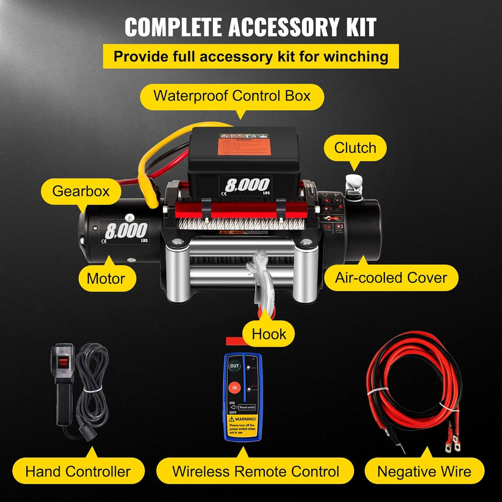 Electric Winch 8000lb Load Capacity 12V Steel Cable Wireless Remote Control P574041