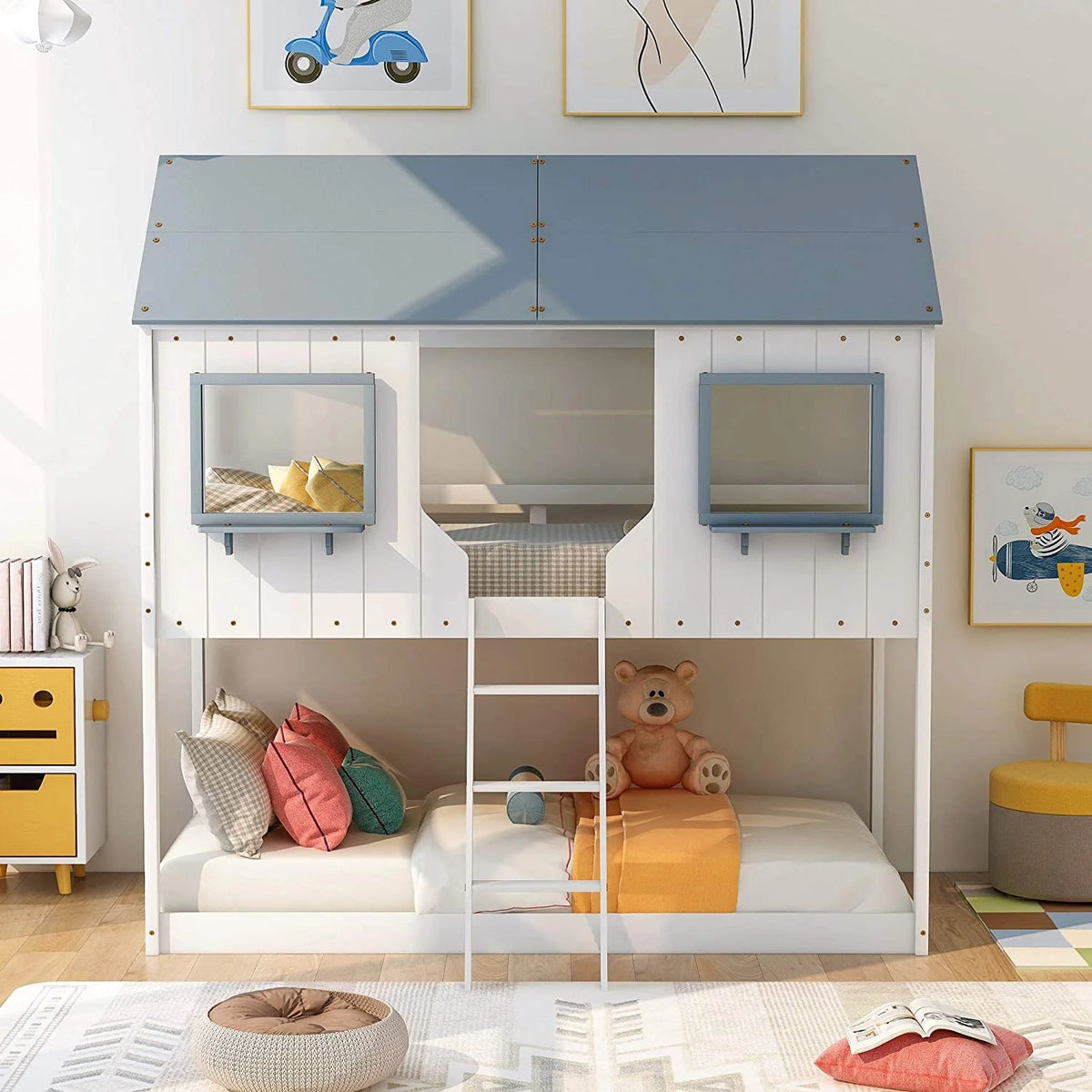 Twin Over Twin White Wooden House Bed M48768