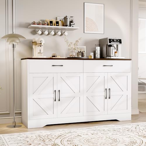 White 55" Wood Sideboard Buffet Cabinet with Drawers and Doors Y850291