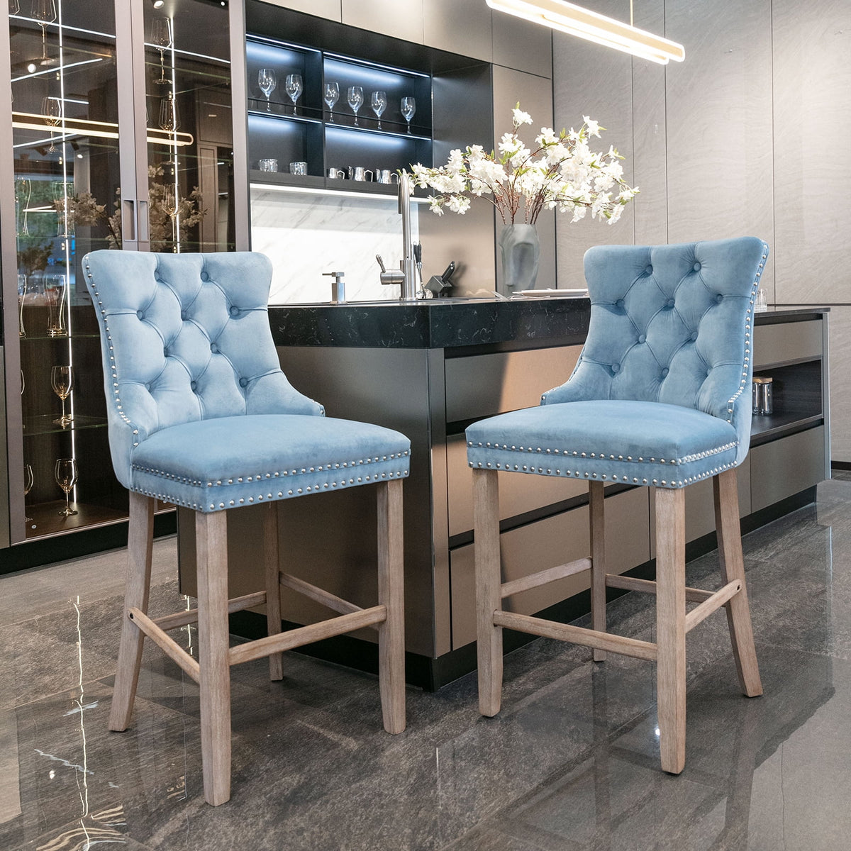 Velvet Bar Stools Set of 2, 27" Seat Height, Tufted Back, Wood Frame, Light Blue F7491