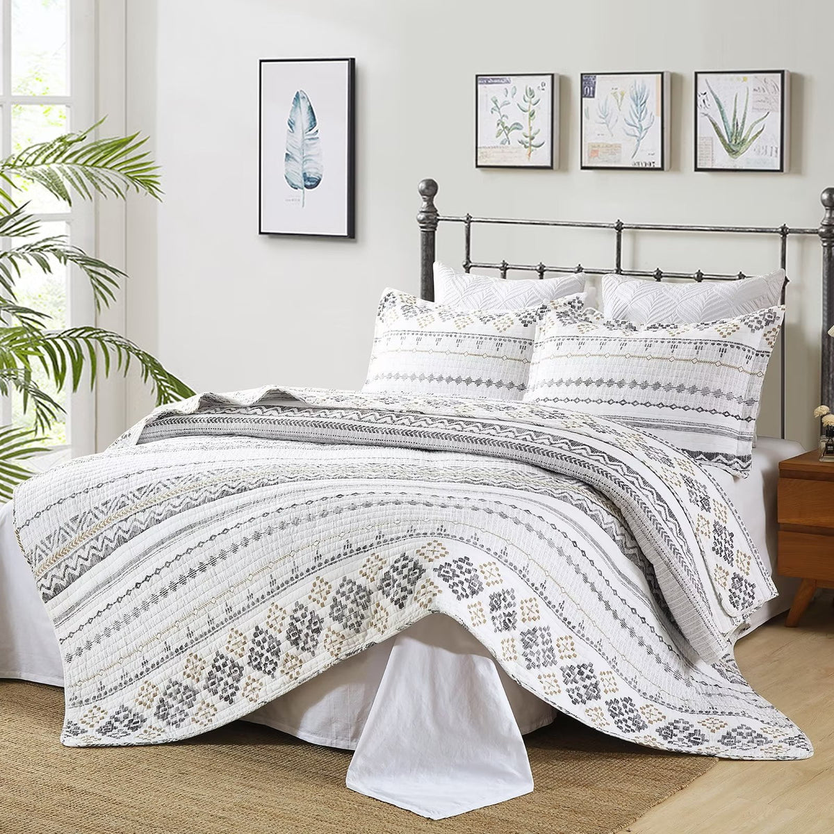 100% Cotton King Size Quilt Set White Charcoal Geometric Striped 3-Piece A876
