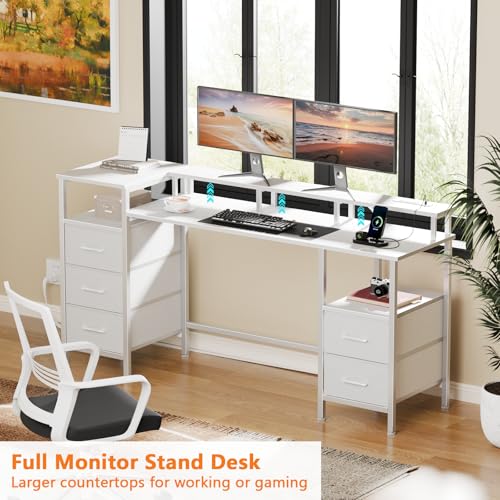 55 Inch White Gaming Desk with Power Outlets and LED Lights E326