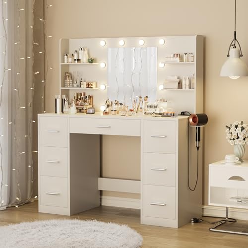 White Vanity Desk with Mirror, LED Lights, 7 Drawers and 6 Storage Shelves M659183