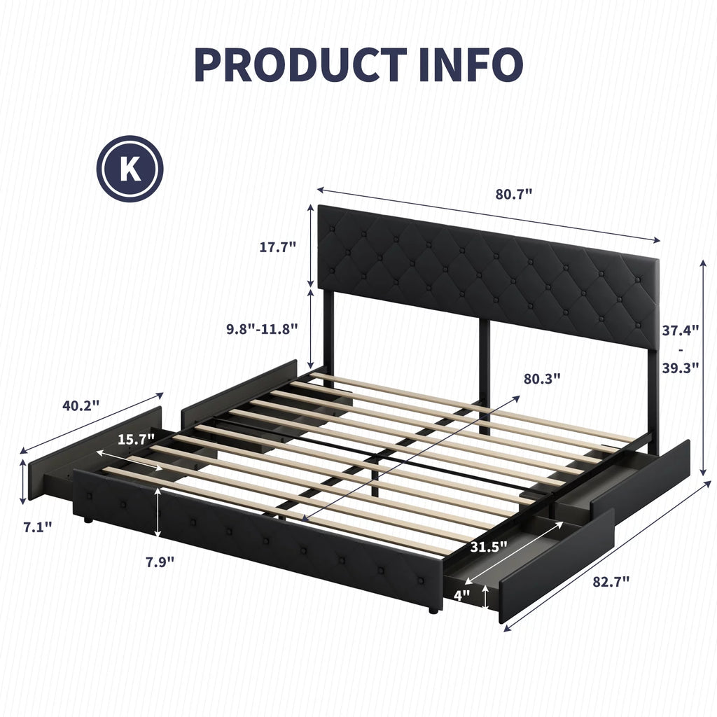 Black King Storage Bed Frame with 4 Drawers P781